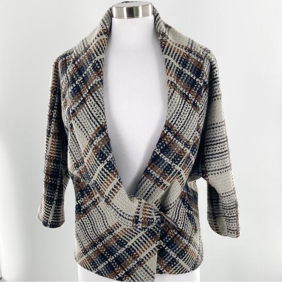 Classiques Entier Womens Gray Black Brown Bias Plaid 3/4 Sleeve Jacket Size S - Picture 1 of 13